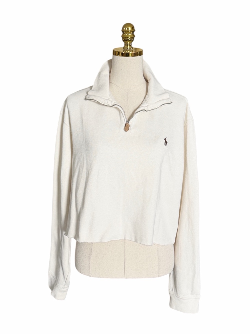 Polo Ralph Lauren Cream Cropped Half-Zip Raw Hem Long Sleeve Sweatshirt Women XL
